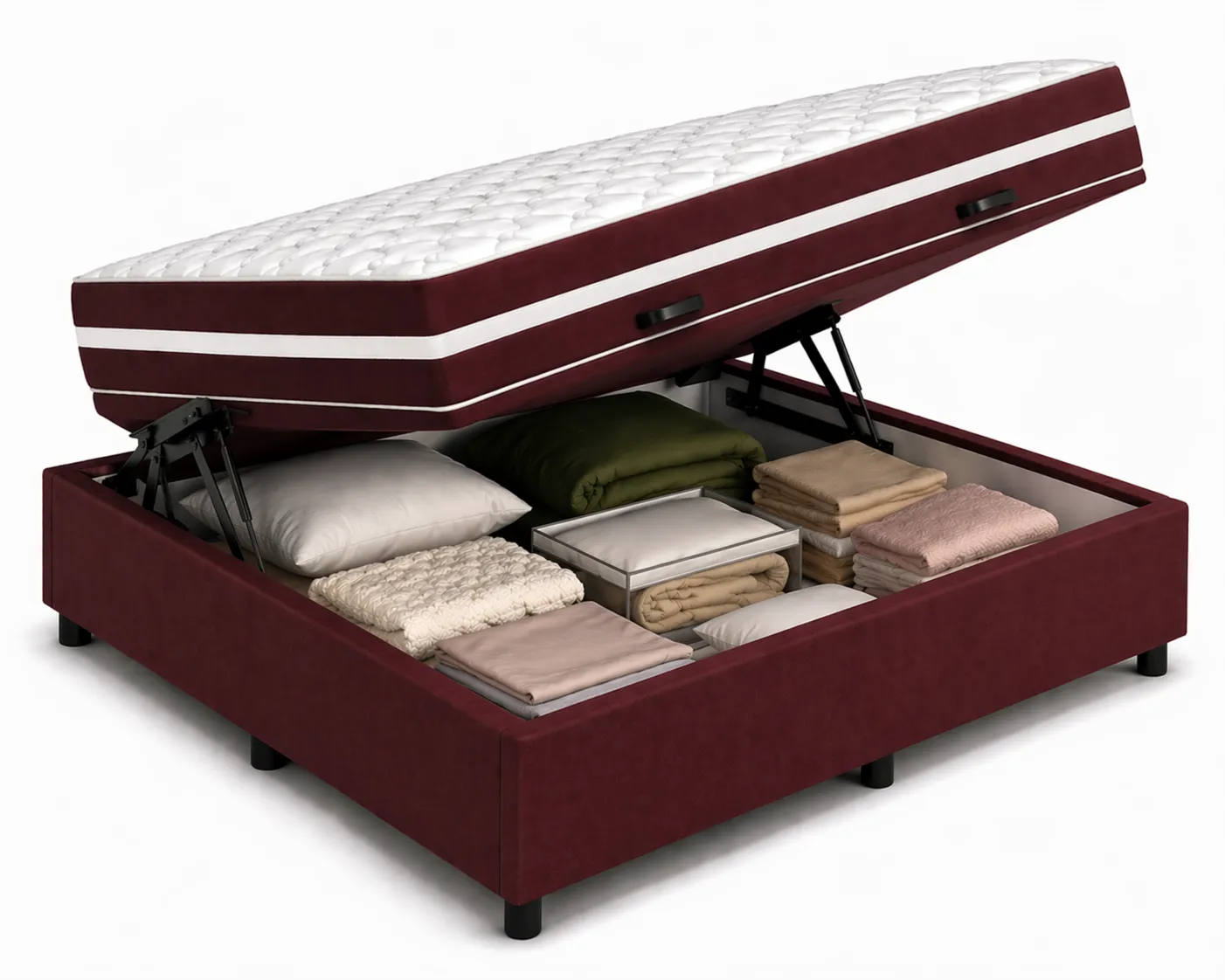 Kit Cama Box Baú + Colchão Mola Bonnel Casal 1,38m - Vinho