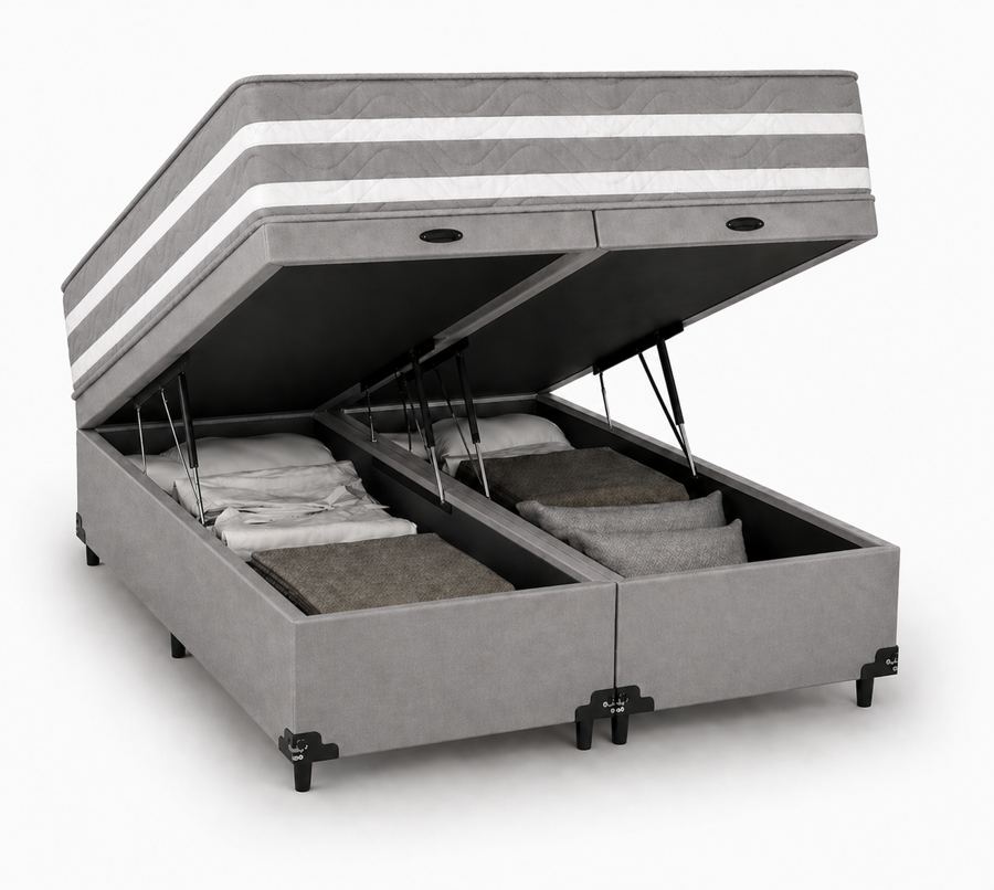 Kit Cama Box Baú + Colchão Mola Ensacada King 1,98m - Cinza