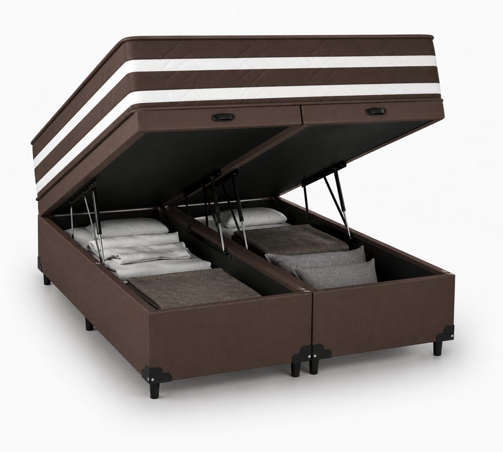 Kit Cama Box Baú + Colchão Mola Ensacada Casal 1,38m - Marrom