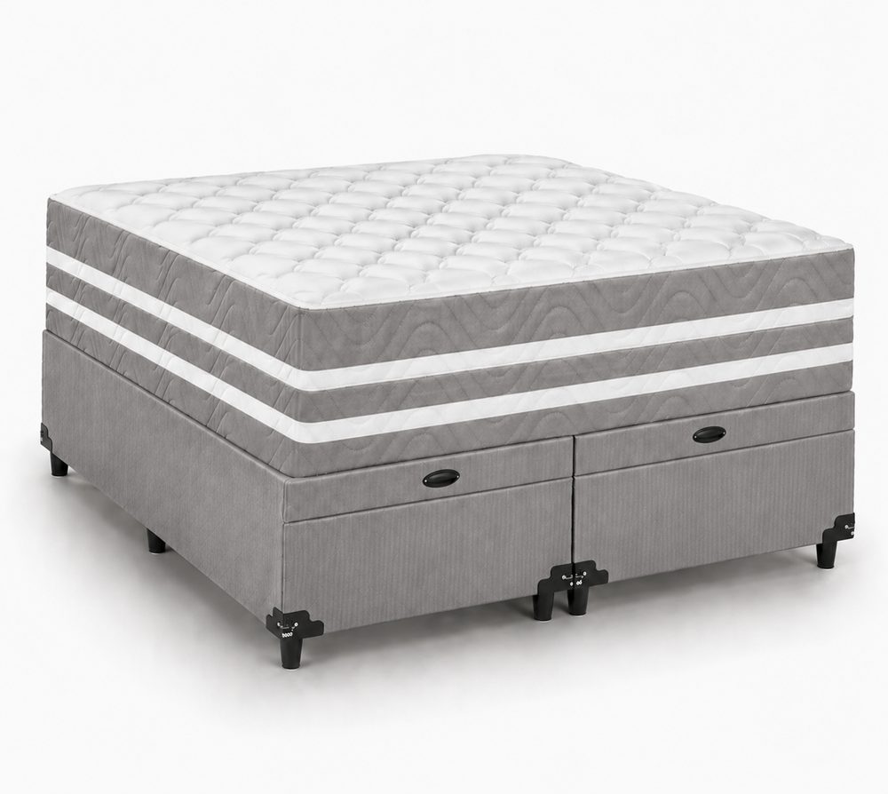 Kit Cama Box Baú + Colchão Mola Ensacada Solteirão 0,96m - Cinza