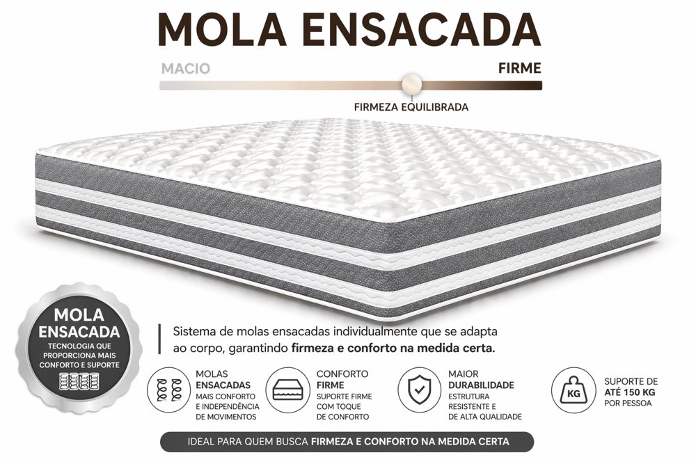 Kit Cama Box Baú + Colchão Mola Ensacada Viúva 1,28m - Cinza